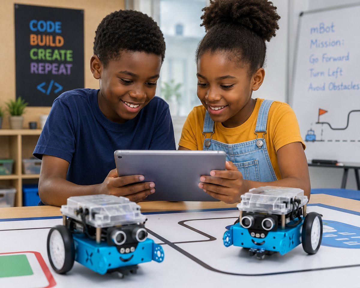 Two children using a tablet to program their mBot robots